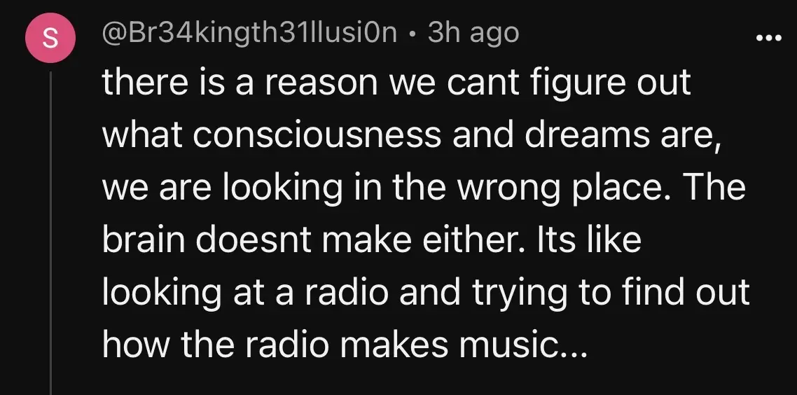 YouTube comment comparing the brain and consciousness to a radio receiving music